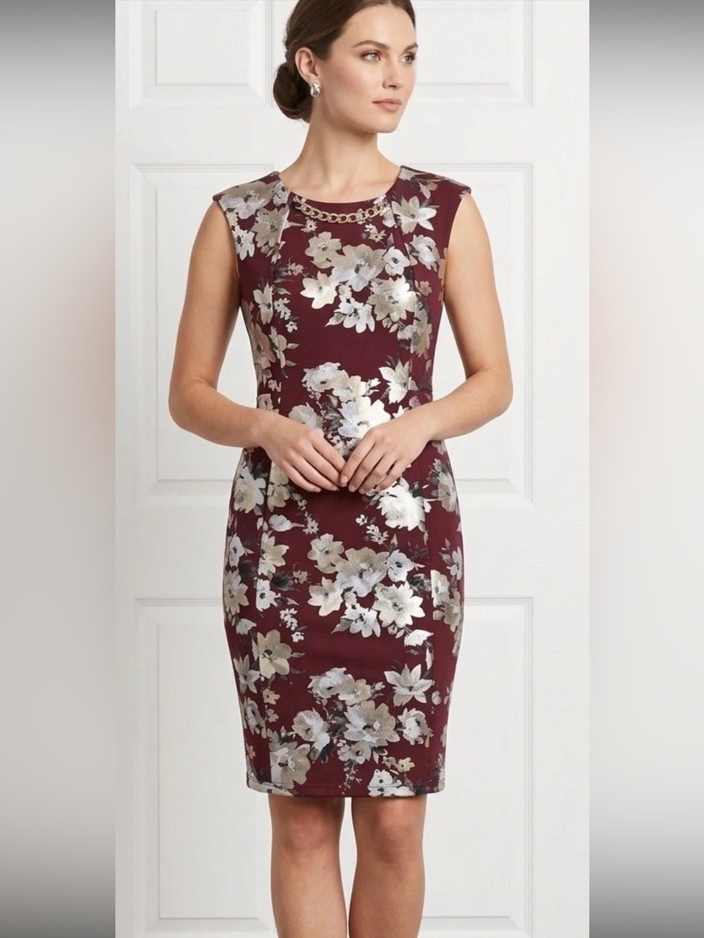 Enfocus Studio Burgundy Floral Midi Dress with Gold Chain Detail